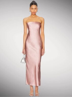 Revolve MORE TO COME Emma Strapless Maxi Dress Gown in Blush Satin